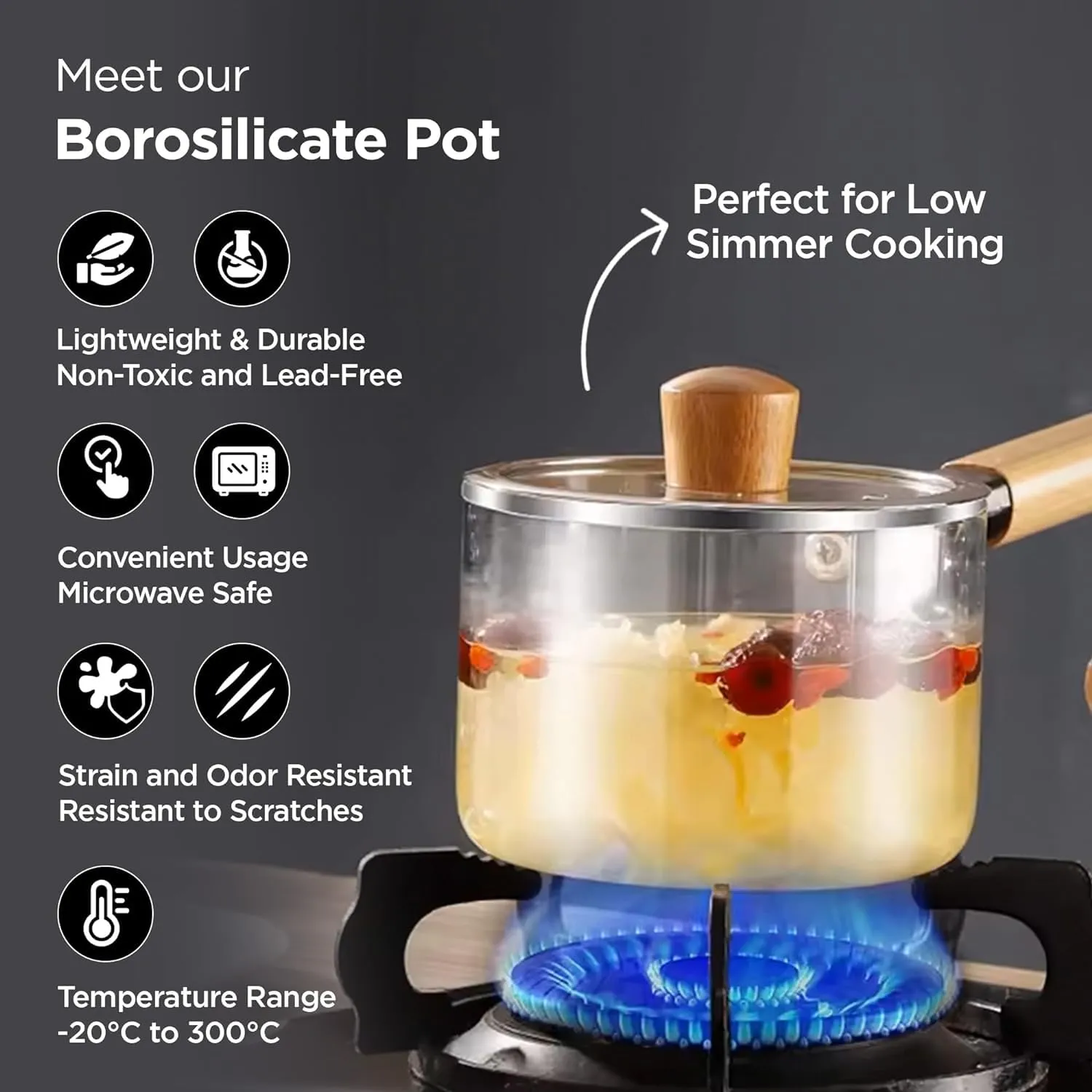 Homestic Borosilicate Glass 1.45L Saucepan with Lid & Handle | Induction Pan Cookware | Handi for Cooking | Microwave Safe | Cooktop for Tea/Milk/Pasta/Noodles/Rice | Transparent