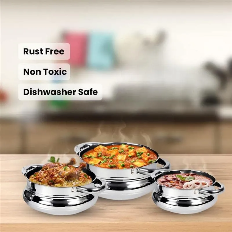 Homestic Stainless Steel Handi Casserole Set of 3 with Lid I Cook and Serve I 600 ml, 1 Litre, 1.6 Litre Capacity I Biryani Handi, Saucepan, Silver I Patila/Tope for Kitchen Combo of 3