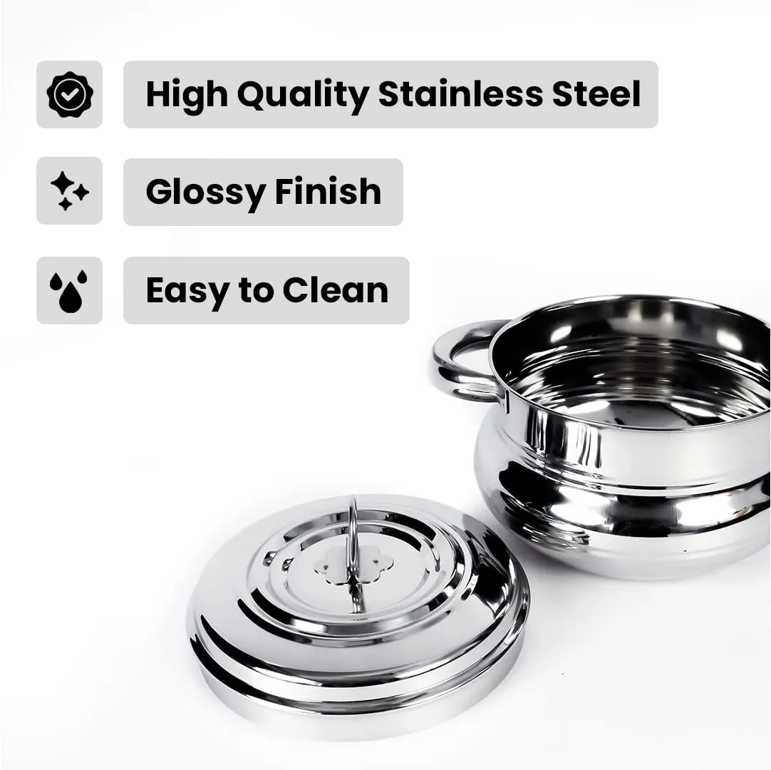 Homestic Stainless Steel Handi Casserole Set of 3 with Lid I Cook and Serve I 600 ml, 1 Litre, 1.6 Litre Capacity I Biryani Handi, Saucepan, Silver I Patila/Tope for Kitchen Combo of 3