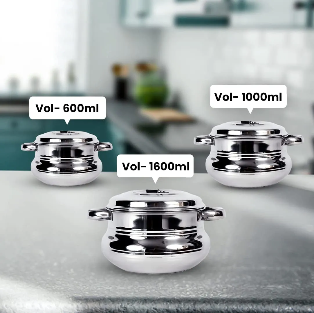 Homestic Stainless Steel Handi Casserole Set of 3 with Lid I Cook and Serve I 600 ml, 1 Litre, 1.6 Litre Capacity I Biryani Handi, Saucepan, Silver I Patila/Tope for Kitchen Combo of 3