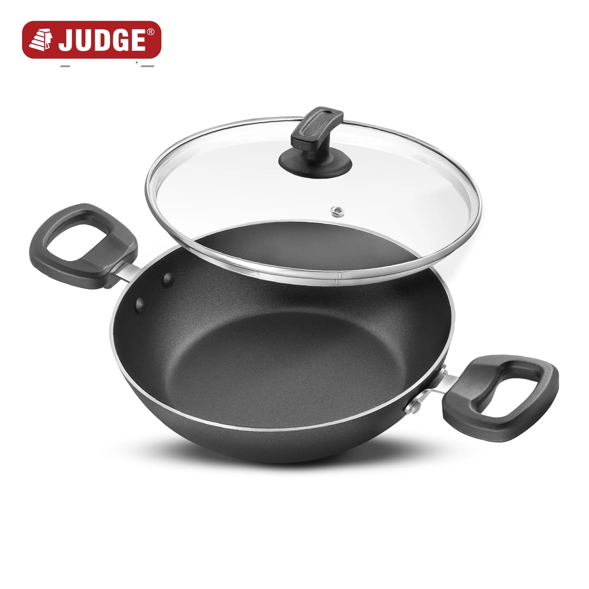 Judge by Prestige 24cm (2.3L) Everyday Non-Stick Kadhai with Glass lid | Low Oil Cooking | Easy to Clean | Cool Touch Handles