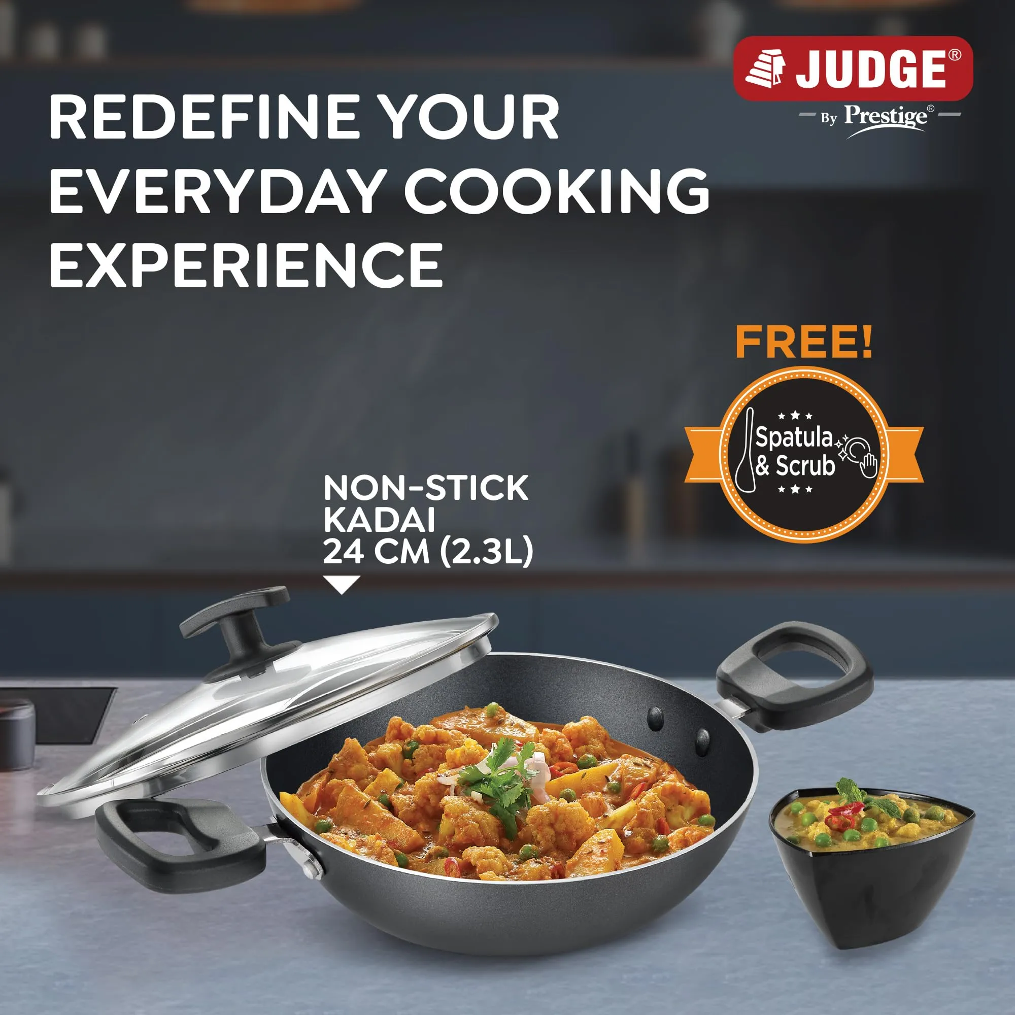 Judge by Prestige 24cm (2.3L) Everyday Non-Stick Kadhai with Glass lid | Low Oil Cooking | Easy to Clean | Cool Touch Handles