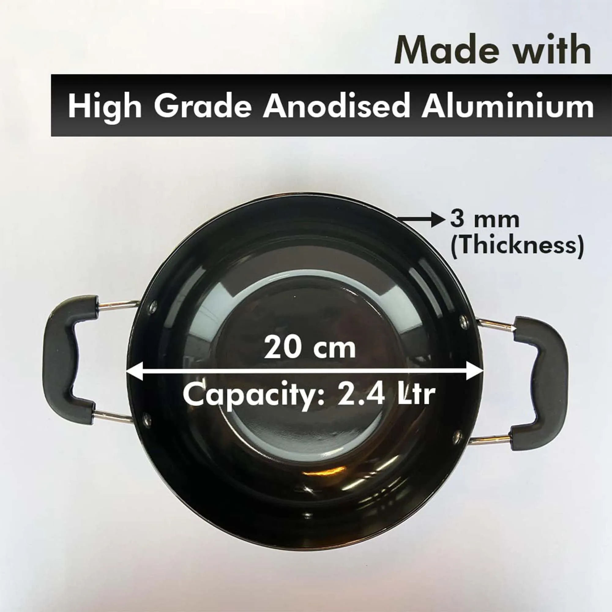 Kuber Industries 2.4L Aluminium Non-Stick Kadai for Cooking with Riveted Bakelite Handle & Lid | Deep Fry Cookware Wok for Kitchen | Kadhai Induction Base for Cooking Chinese | Black