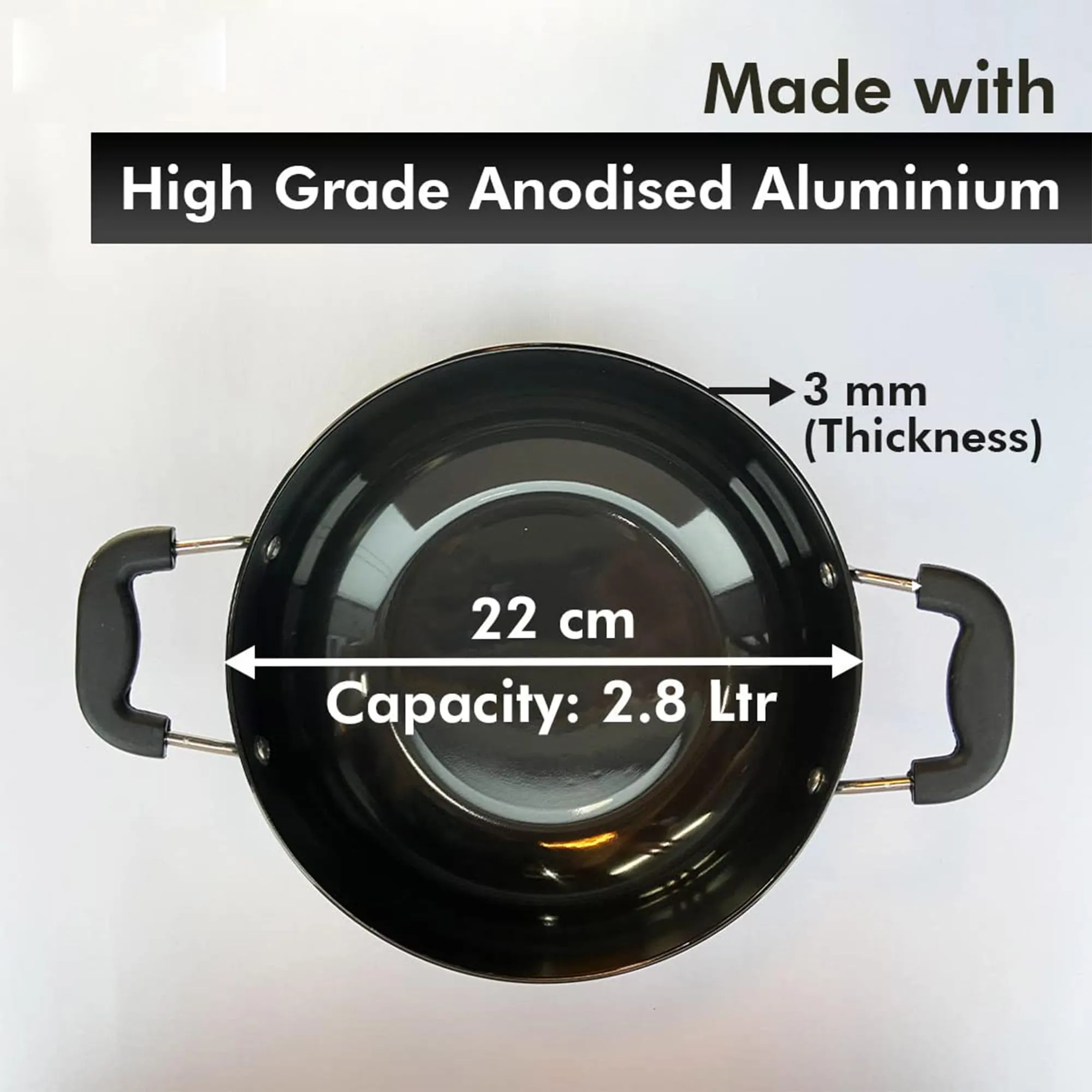 Kuber Industries 2.8L Aluminium Non-Stick Kadai for Cooking with Riveted Bakelite Handle & Lid | Deep Fry Cookware Wok for Kitchen | Kadhai Induction Base for Cooking Chinese | Black