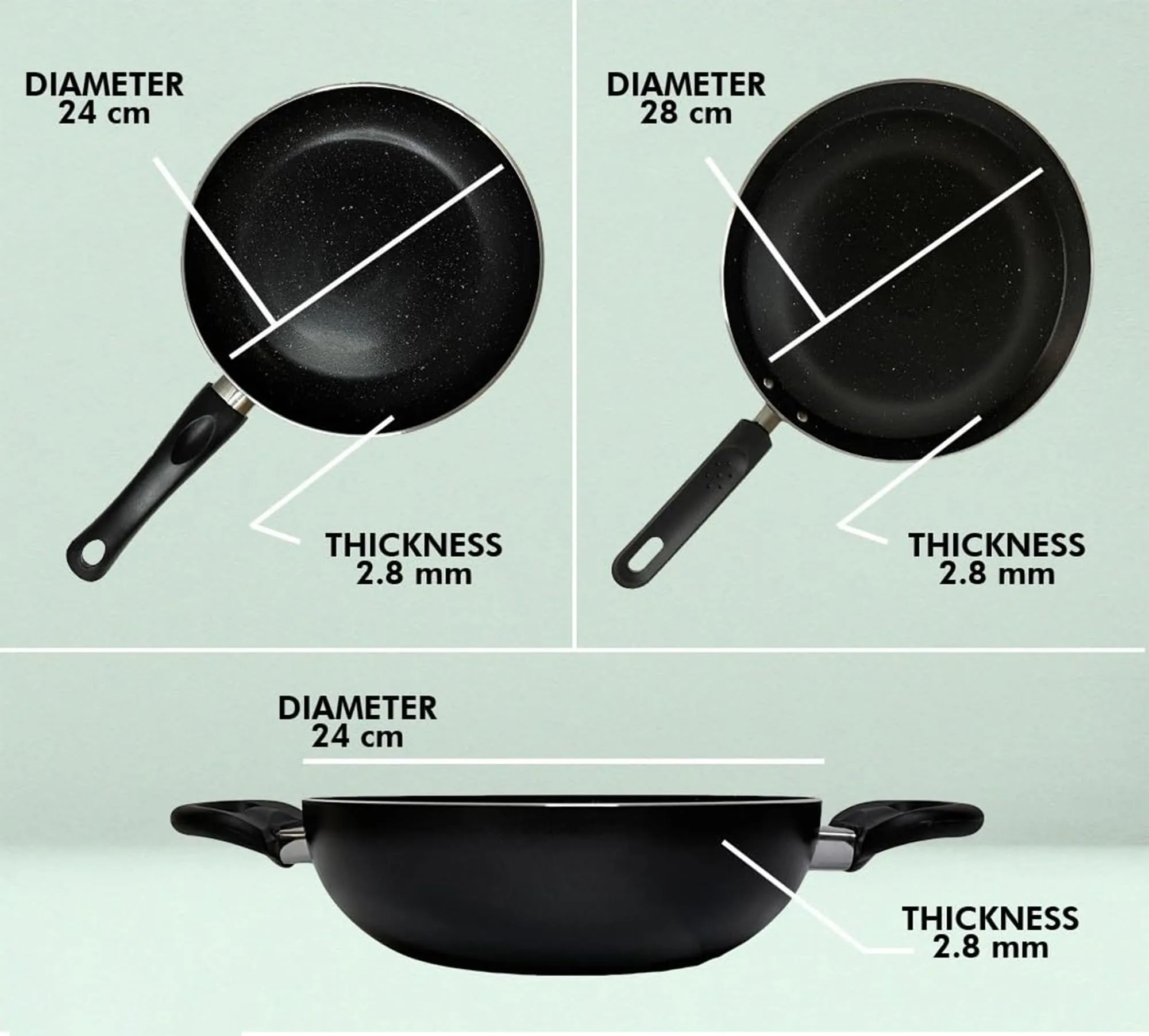 Kuber Industries 3 PCS Aluminium Cooking Set for Kitchen 24 cm Wok, 24 cm Fry Pan with Lid & 28 cm Tawa | Nonstick Induction Cookware Set | Kadhai, Frying Pan & Tawa Utensils Set | Black