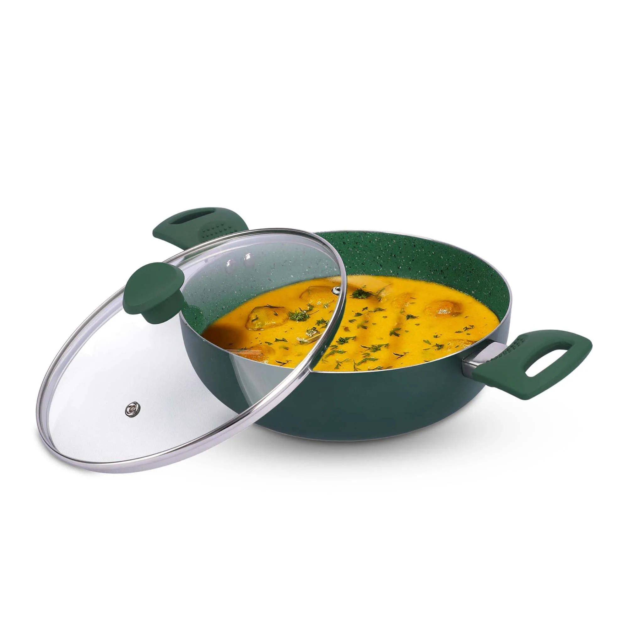 Kuber Industries 3.6L Aluminium Non-Stick Deep Base Kadai for Cooking with Riveted Bakelite Handle & Lid | Deep Fry Cookware Wok for Kitchen | Kadhai Induction Base for Cooking | Green