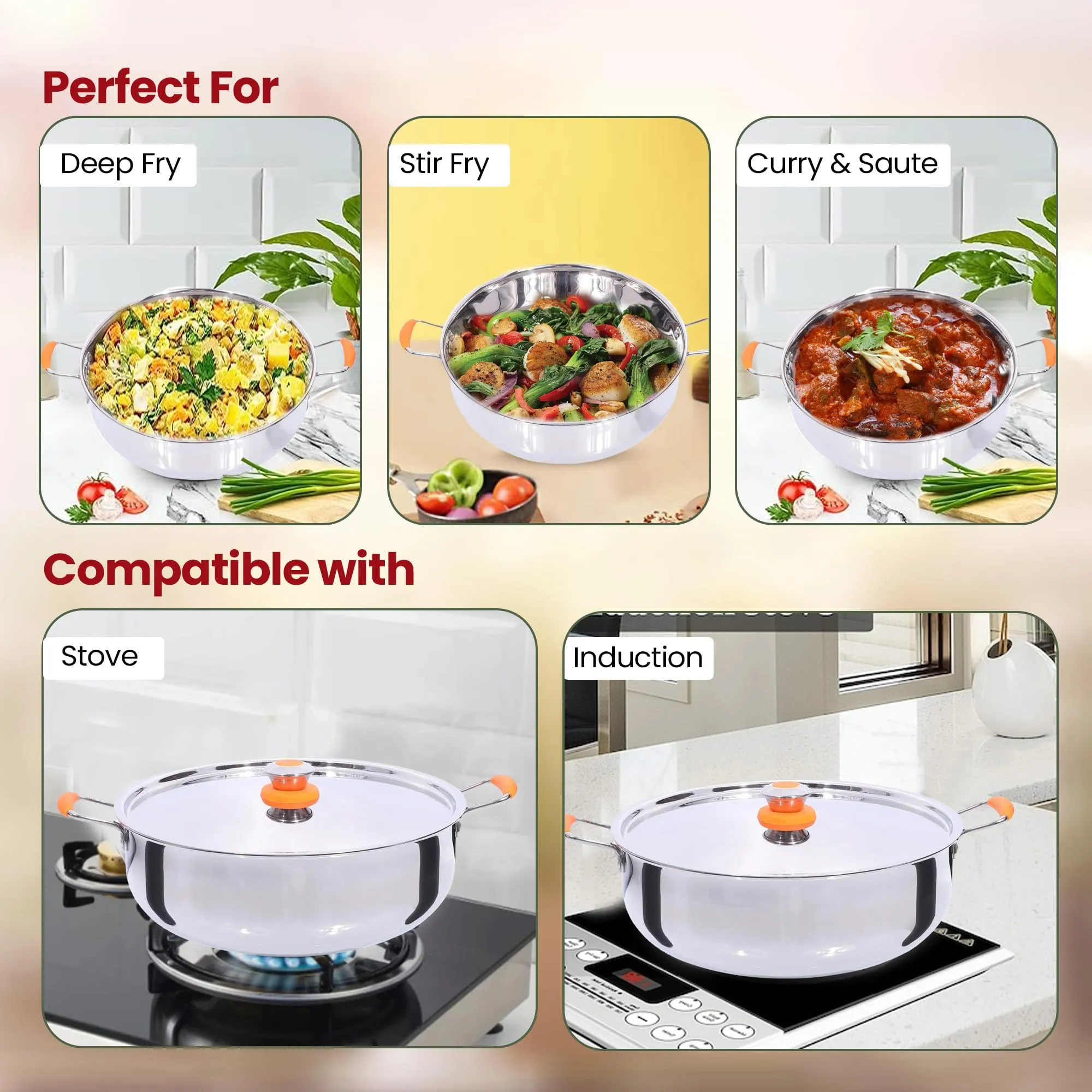 Kuber Industries 5.5L Stainless Steel Kadai for Cooking with Riveted Bakelite Handle & Lid | Deep Fry Cookware Wok for Kitchen | Kadhai Induction Base for Cooking Chinese | Silver