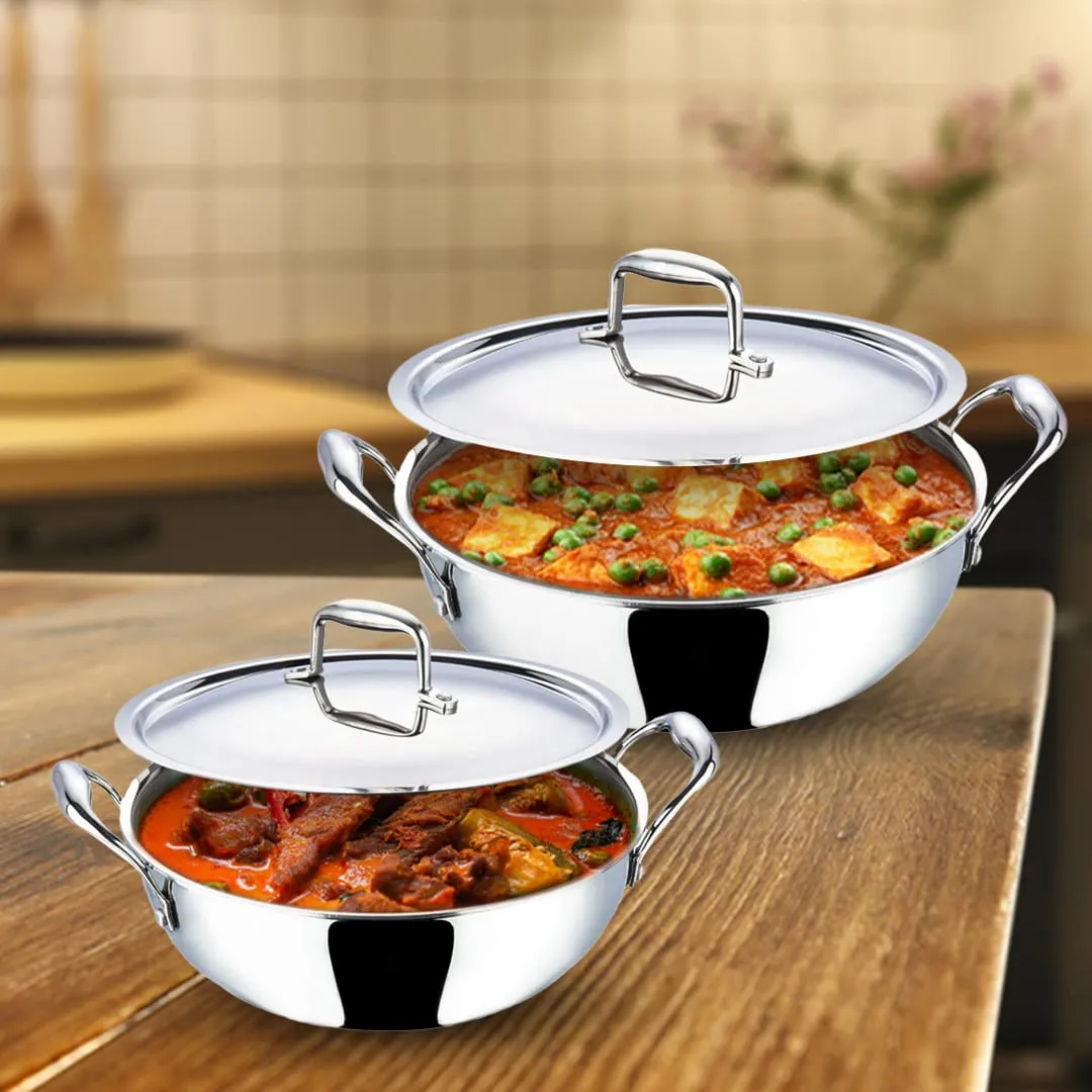 Kuber Industries Set of 2 Tri-ply Stainless Steel Kadhai with lid I Induction Base I 1.6 litres & 2.2 litres Capacity I Extra Deep Big & Small Frying Pans