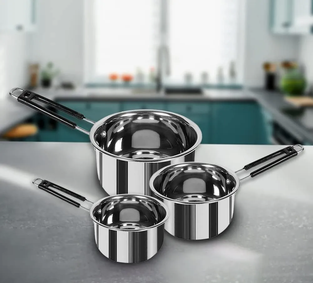 Kuber Industries Set of 3 Stainless Steel Saucepan/Tea Pan|1.1 L, 1.5 L, 2.2 L Capacity|Silicon Handle|Thick Base for Boiling Milk & Tea|Heavy Duty Gauge|Tapeli Patila, Sauce Pot Cookware (Pack of 5)