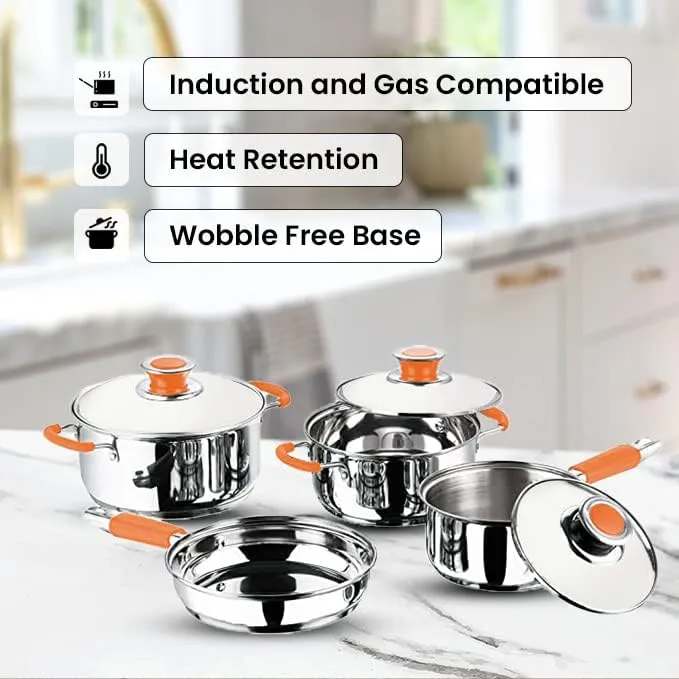 Kuber Industries Set of 4 Stainless Steel Cookware Set I Induction Base Cookware I Saucepan (1.4 L), Kadai (2.0 L), Casserole (2.5 L), Frypan (1 L) and 3 Lids I Heavy Gauge Steel (Pack of 4)