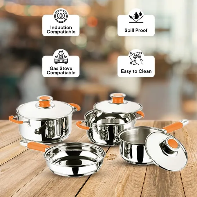 Kuber Industries Stainless Steel 4pcs Cookware Set, 6pcs Plates, 6pcs Glasses, and 6pcs Bowl | Cookware set- Saucepan (1.4 L) , Kadai (2.0 L), Casserole (2.5 L) and Frypan (1 L) with 3 Lids | Gas Stove and Induction Friendly | Rust Proof, Easy to Clean &