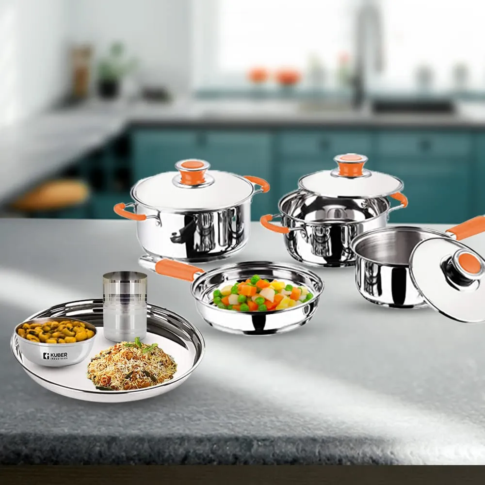 Kuber Industries Stainless Steel 4pcs Cookware Set, 6pcs Plates, 6pcs Glasses, and 6pcs Bowl | Cookware set- Saucepan (1.4 L) , Kadai (2.0 L), Casserole (2.5 L) and Frypan (1 L) with 3 Lids | Gas Stove and Induction Friendly | Rust Proof, Easy to Clean &