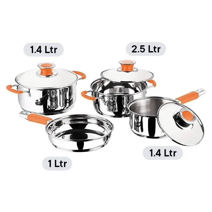 Kuber Industries Stainless Steel 4pcs Cookware Set, 6pcs Plates, 6pcs Glasses, and 6pcs Bowl | Cookware set- Saucepan (1.4 L) , Kadai (2.0 L), Casserole (2.5 L) and Frypan (1 L) with 3 Lids | Gas Stove and Induction Friendly | Rust Proof, Easy to Clean &