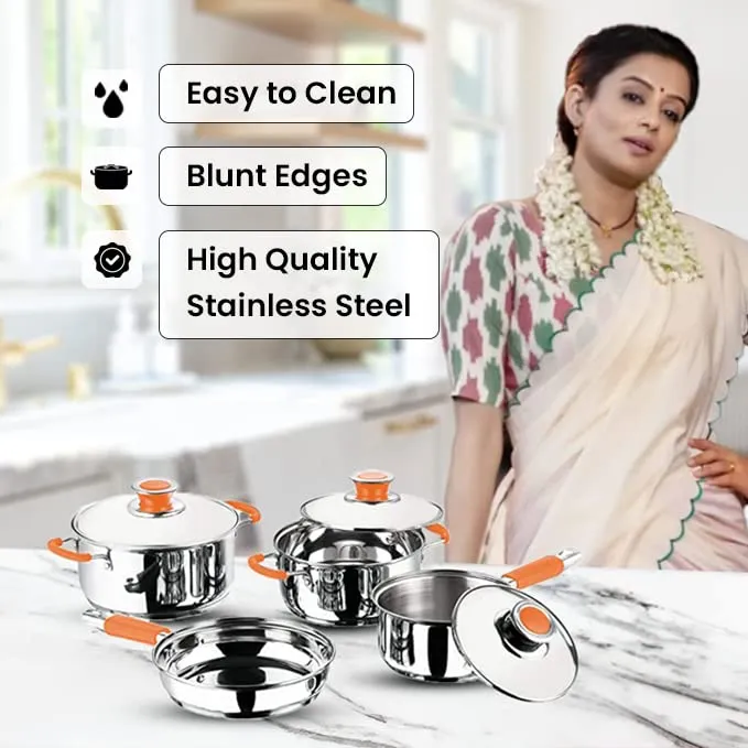 Kuber Industries Stainless Steel 4pcs Cookware Set and 4pcs Water Bottle | Gas Stove and Induction Friendly | Rust Proof, Easy to Clean & Store