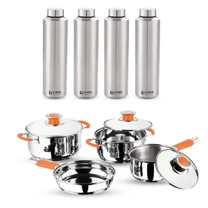 Kuber Industries Stainless Steel 4pcs Cookware Set and 4pcs Water Bottle | Gas Stove and Induction Friendly | Rust Proof, Easy to Clean & Store