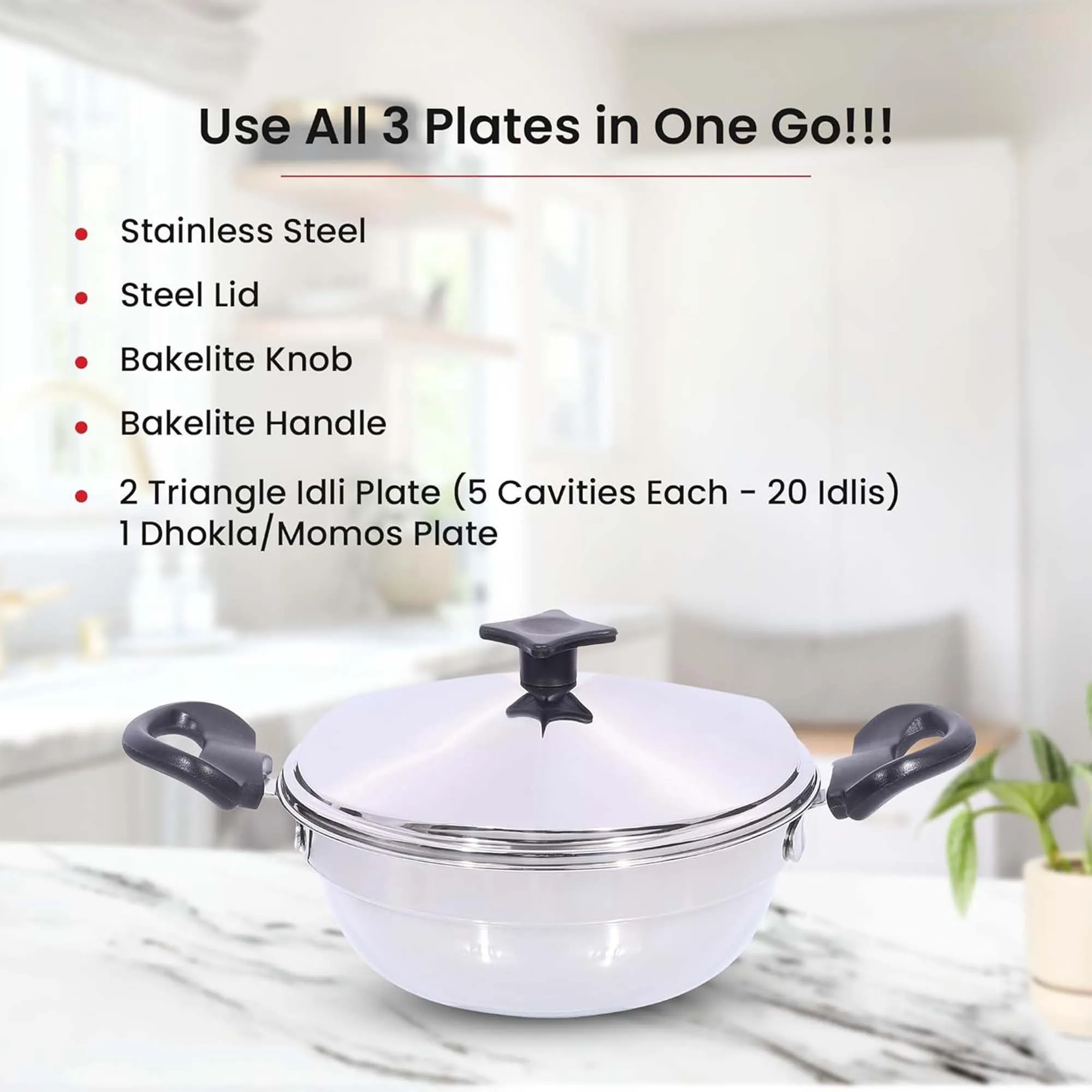 Kuber Industries Stainless Steel 5-in-1 Multi Kadai for Idli, Dhokla, Mini Idlies, Modaks | Includes 2 Idly Plates, 2 Thatte Plates, 1 Dhokla Plate & 1 Multi Kadai with Lid | Silver