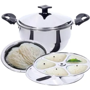 Kuber Industries Stainless Steel 5-in-1 Multi Kadai for Idli, Dhokla, Mini Idlies, Modaks | Includes 2 Idly Plates, 2 Thatte Plates, 1 Dhokla Plate & 1 Multi Kadai with Lid | Silver