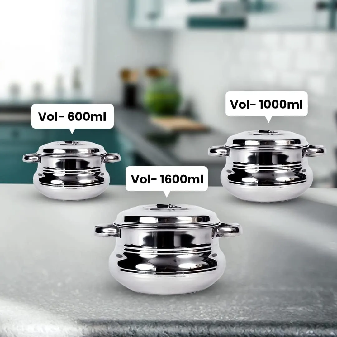 Kuber Industries Stainless Steel Handi Casserole Set of 3 with Lid|Cook and Serve|600 ml, 1 Litre, 1.6 Litre Capacity|Biryani Handi, Saucepan, Silver|Patila/Tope for Kitchen Combo of 3 (Pack Of 3)