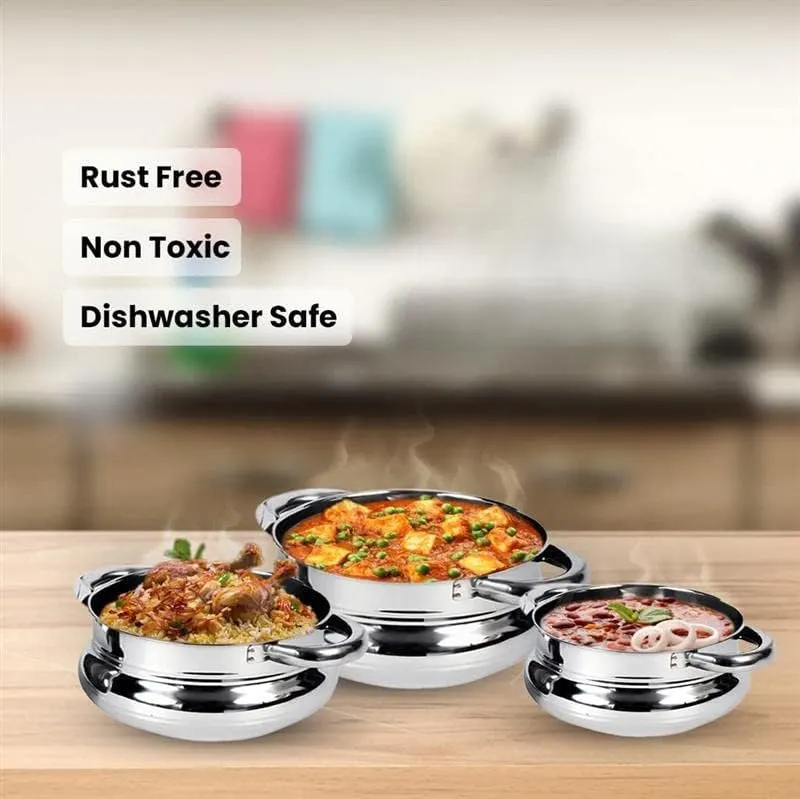 Kuber Industries Stainless Steel Handi Casserole Set of 3 with Lid|Cook and Serve|600 ml, 1 Litre, 1.6 Litre Capacity|Biryani Handi, Saucepan, Silver|Patila/Tope for Kitchen Combo of 3 (Pack Of 5)