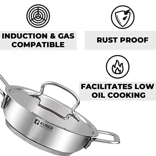 Kuber Industries Stainless Steel Kadhai with lid & Casserole I Tri-ply Kadai Induction Base I Kadai 1.6 litres & Casserole 2 Litre Capacity I Extra Deep I Riveted Handles