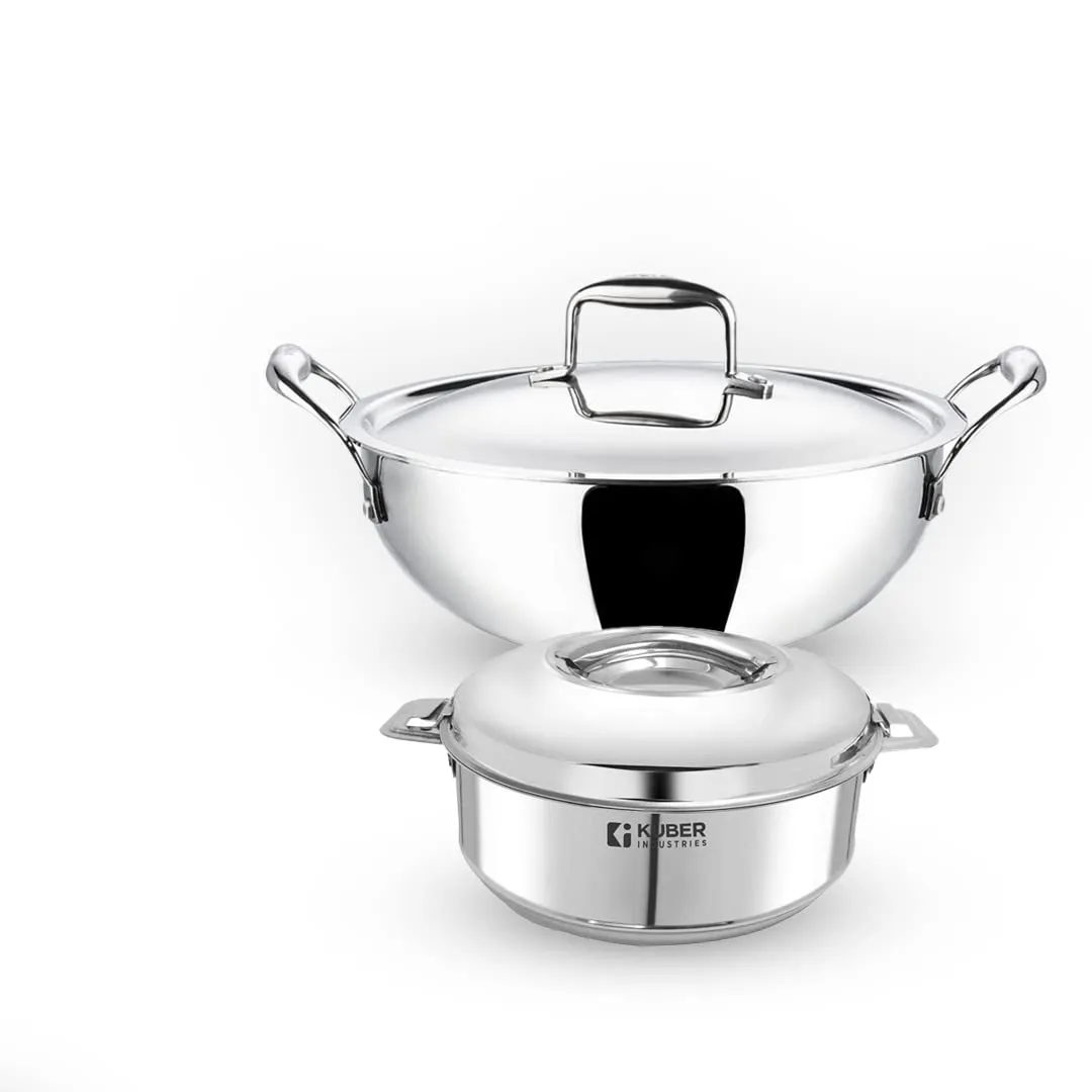 Kuber Industries Stainless Steel Kadhai with lid & Casserole I Tri-ply Kadai Induction Base I Kadai 1.6 litres & Casserole 2 Litre Capacity I Extra Deep I Riveted Handles