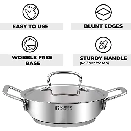 Kuber Industries Stainless Steel Kadhai with lid & Casserole I Tri-ply Kadai Induction Base I Kadai 1.6 litres & Casserole 2 Litre Capacity I Extra Deep I Riveted Handles