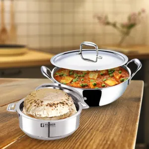 Kuber Industries Stainless Steel Kadhai with lid & Casserole I Tri-ply Kadai Induction Base I Kadai 1.6 litres & Casserole 2 Litre Capacity I Extra Deep I Riveted Handles