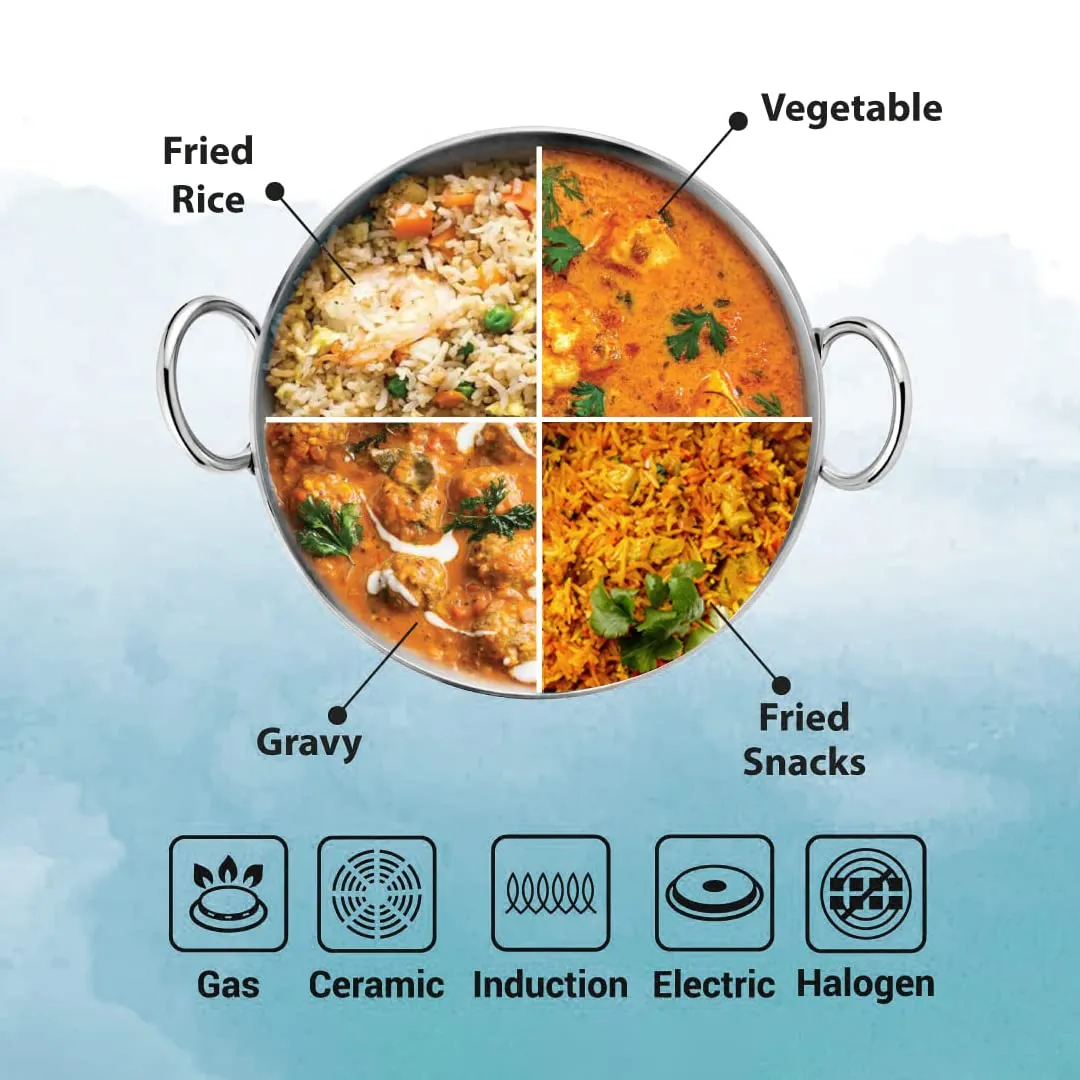 Kuber Industries Stainless Steel Kadhai with lid & Casserole I Tri-ply Kadai Induction Base I Kadai 1.6 litres & Casserole 2 Litre Capacity I Extra Deep I Riveted Handles