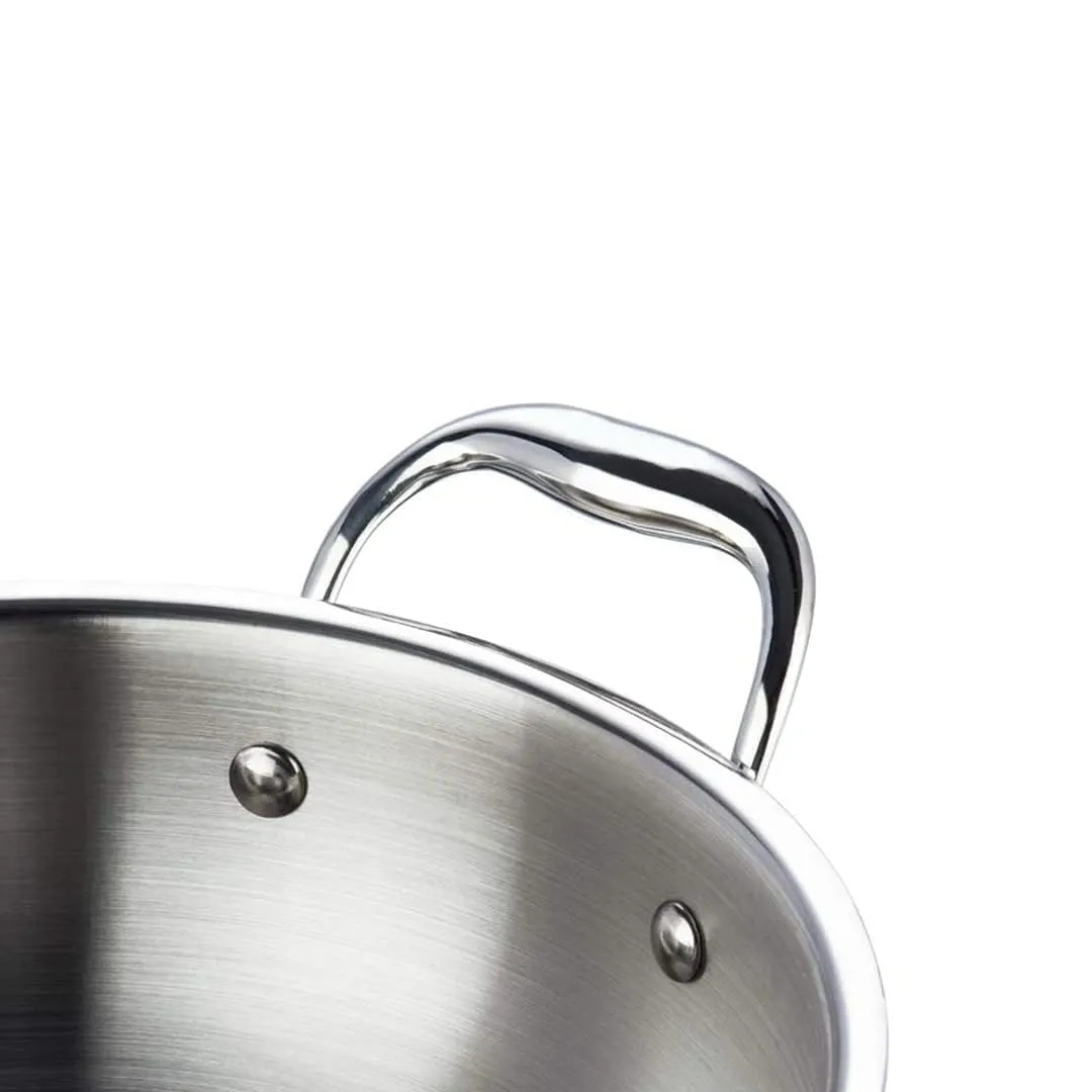 Kuber Industries Tri-ply Stainless Steel Kadhai with lid I Induction Base I 1.6 litres Capacity I 20cm Diameter I Extra Deep Frying Pan I Riveted Handles