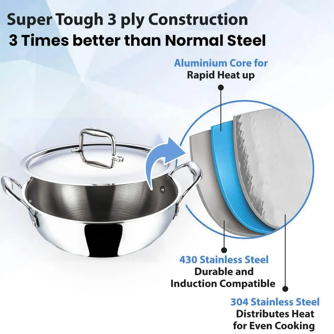 Kuber Industries Tri-ply Stainless Steel Kadhai with lid I Induction Base I 1.6 litres Capacity I 20cm Diameter I Extra Deep Frying Pan I Riveted Handles