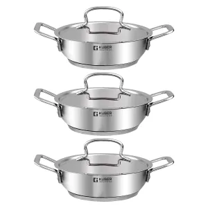 Kuber Industries Tri-ply Stainless Steel Kadhai with lid I Induction Base I 2 litres Capacity I 20cm Diameter I Extra Deep Frying Pan I Riveted Handles (Pack of 3)