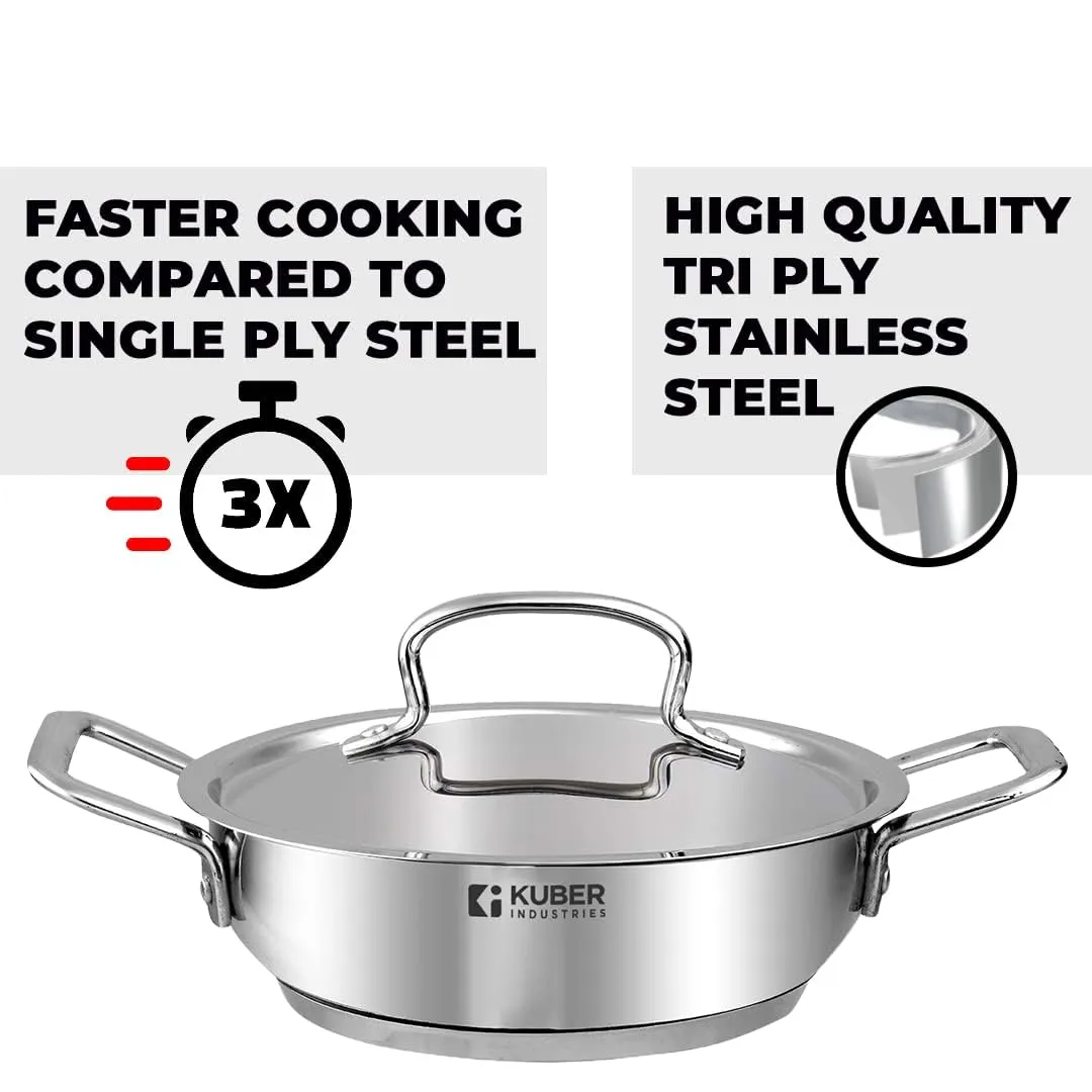 Kuber Industries Tri-ply Stainless Steel Kadhai with lid I Induction Base I 2 litres Capacity I 20cm Diameter I Extra Deep Frying Pan I Riveted Handles (Pack of 3)