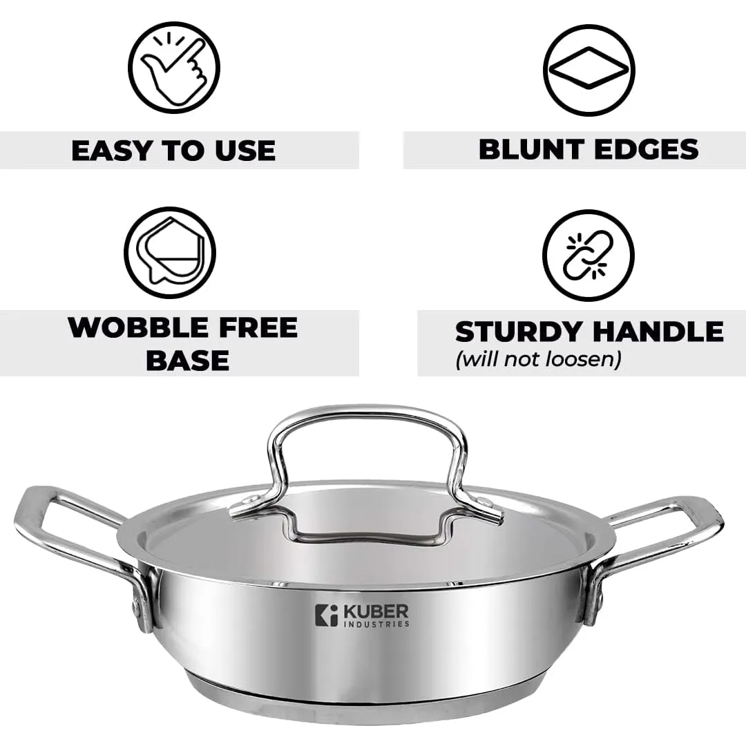 Kuber Industries Tri-ply Stainless Steel Kadhai with lid I Induction Base I 2 litres Capacity I 20cm Diameter I Extra Deep Frying Pan I Riveted Handles (Pack of 3)