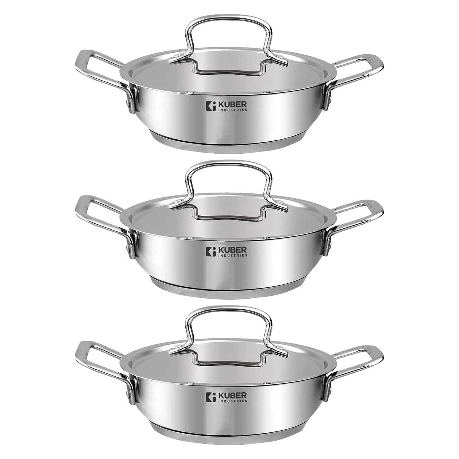 Kuber Industries Tri-ply Stainless Steel Kadhai with lid I Induction Base I 2 litres Capacity I 20cm Diameter I Extra Deep Frying Pan I Riveted Handles (Pack of 3)