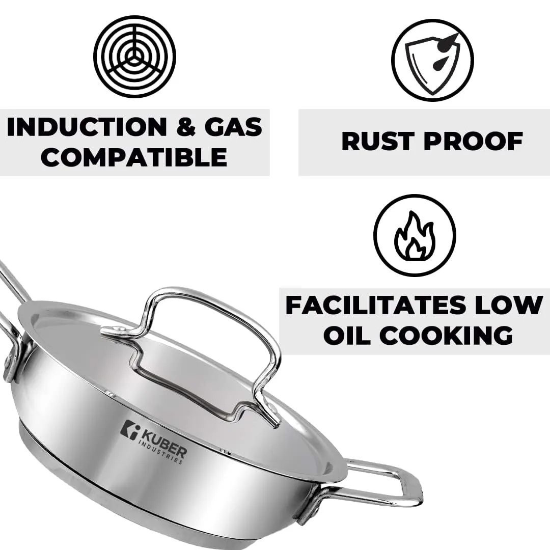 Kuber Industries Tri-ply Stainless Steel Kadhai with lid I Induction Base I 2 litres Capacity I 20cm Diameter I Extra Deep Frying Pan I Riveted Handles (Pack of 3)