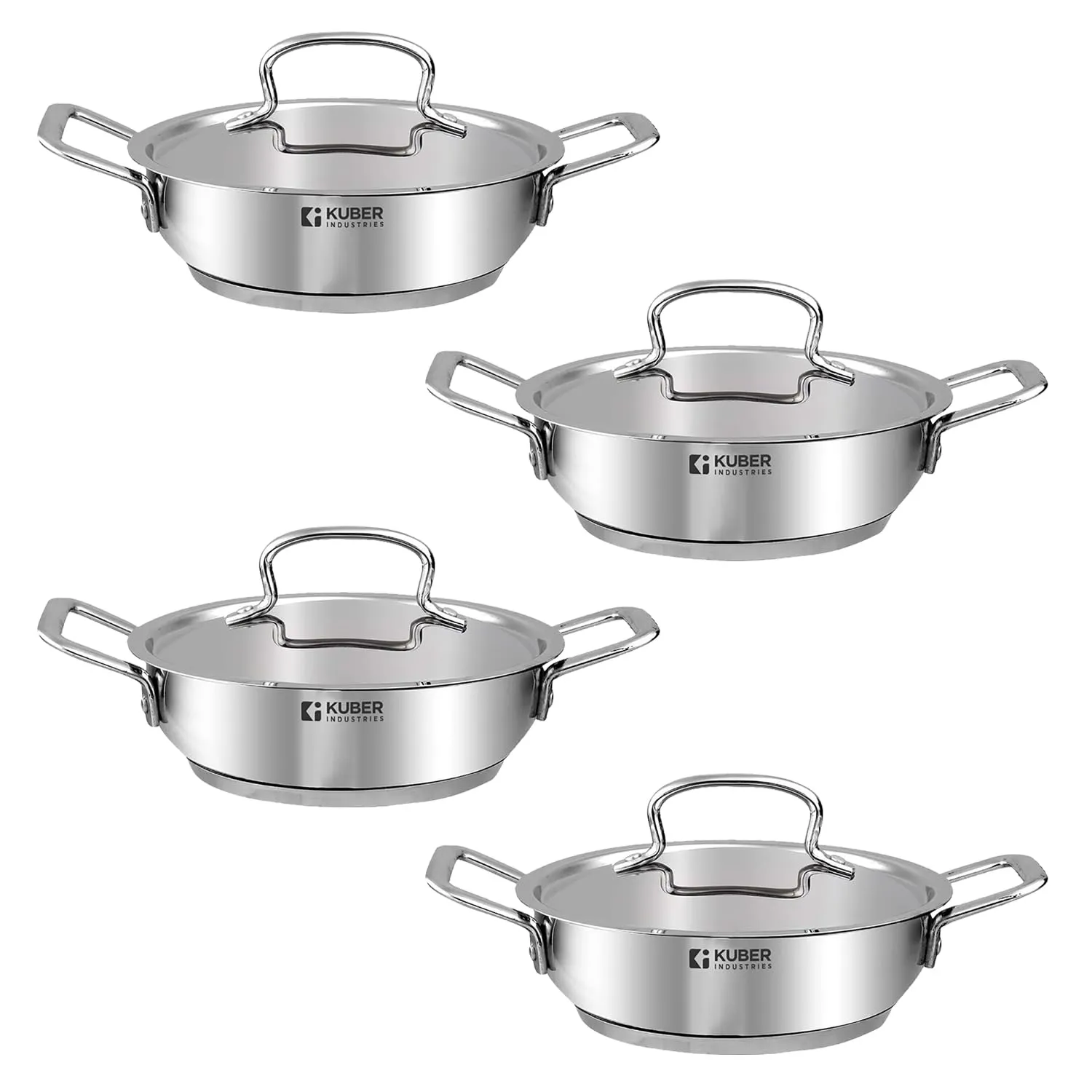 Kuber Industries Tri-ply Stainless Steel Kadhai with lid I Induction Base I 2.2 litres Capacity I 22cm Diameter I Extra Deep Frying Pan I Riveted Handles (Pack of 4)