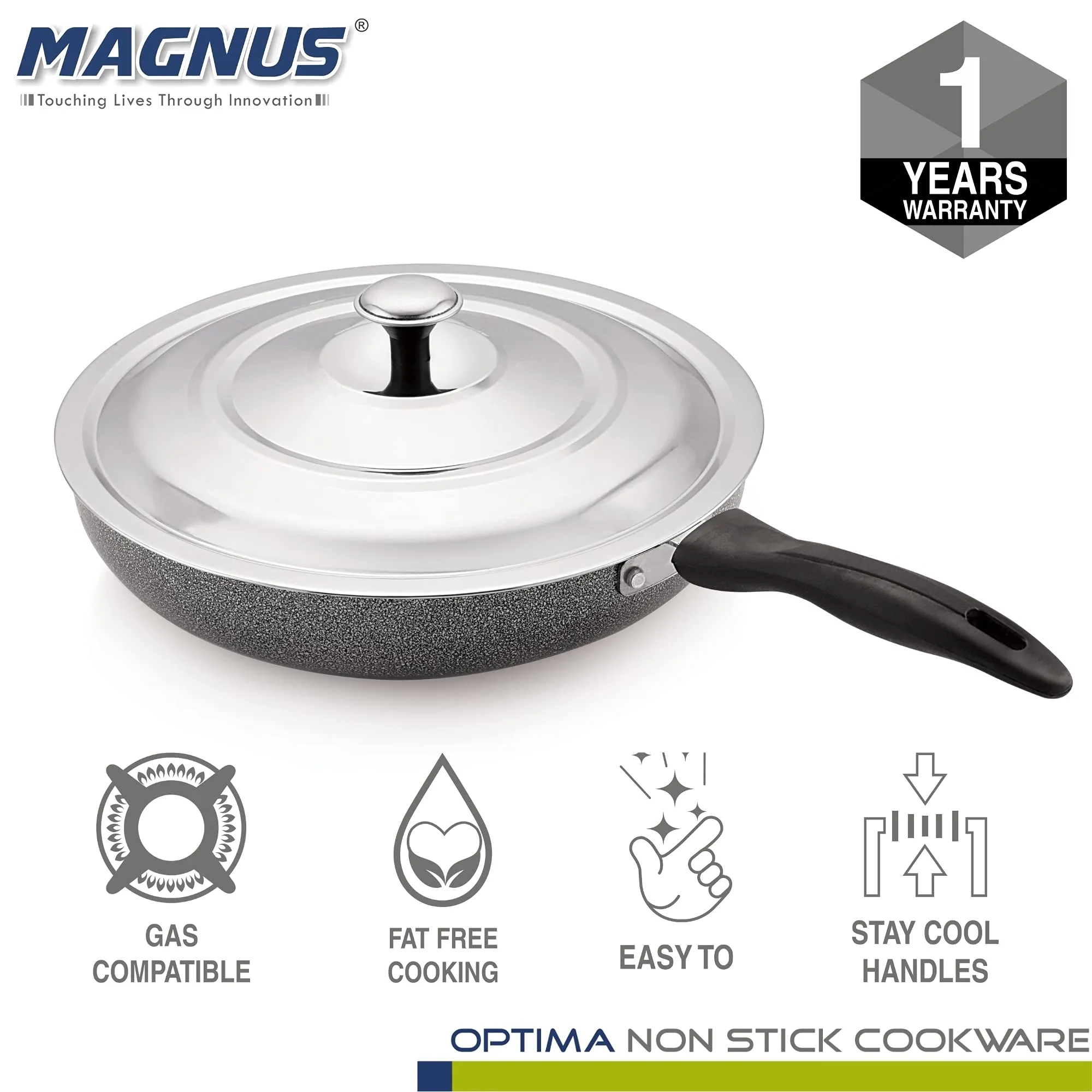 Magnus Optima Non-Stick Aluminum Fry Pan with Stainless Steel Lid, 240 mm(1.85 LTR),3 mm Thickness, Hammertone Finish, (Black & Grey)