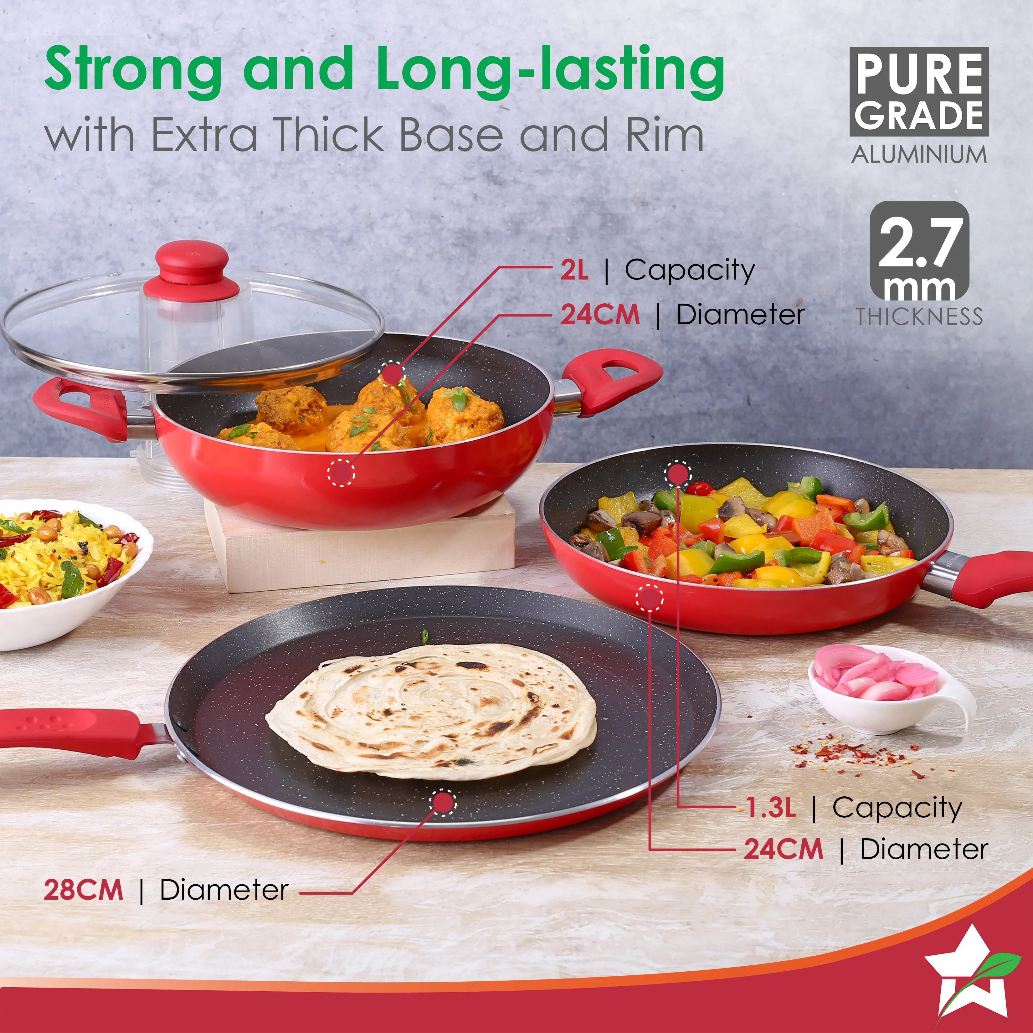 Milano Non-stick Cookware 4 Pc Set | Dosa Tawa, Fry Pan, Kadhai for cutlets, curries, dosas | PFOA Free | Virgin Aluminium | Energy Efficient | Dishwasher Safe | 2-year Warranty | Red&Black