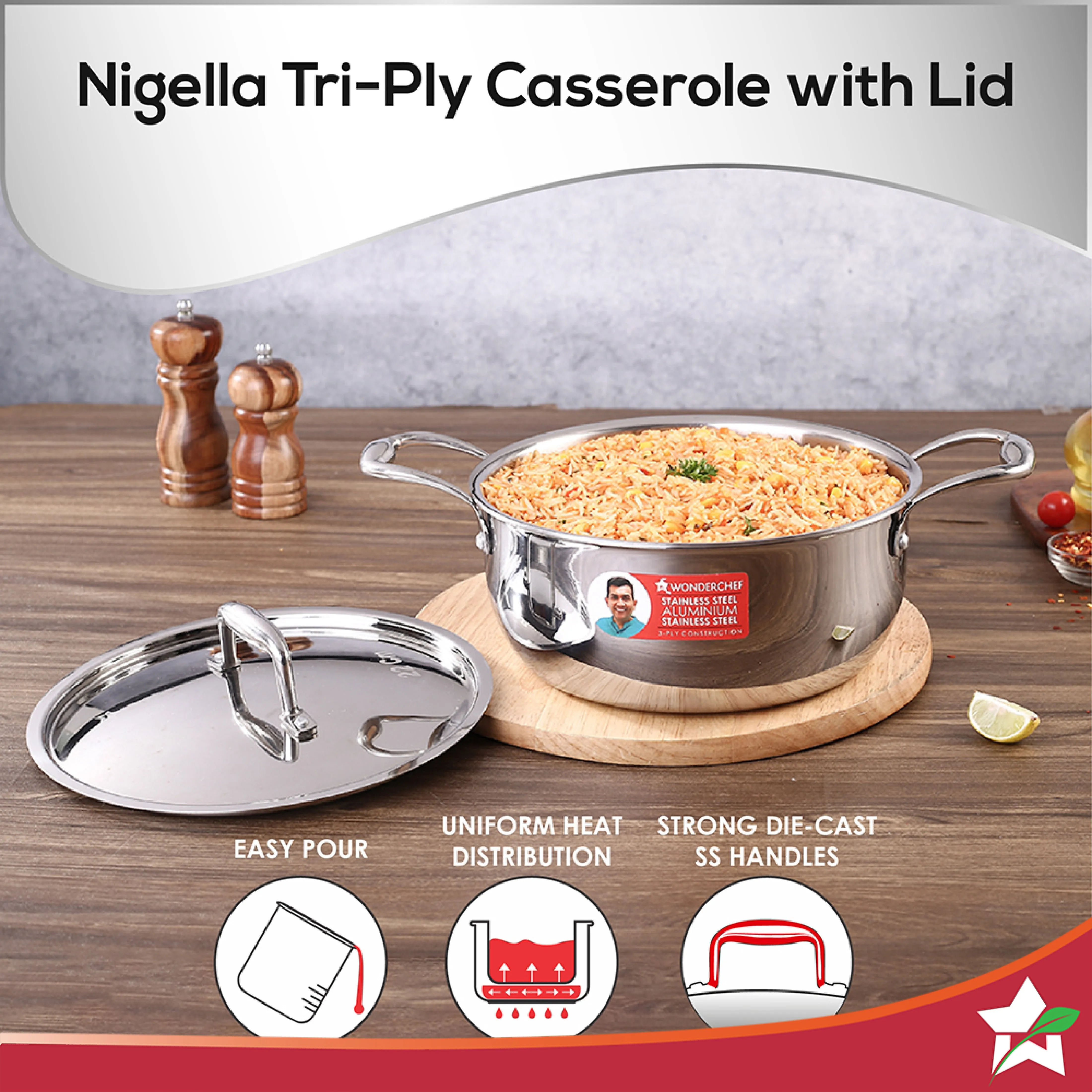 Nigella Tri-Ply Stainless Steel 22 cm Casserole | 3.2 Litres | 2.6mm Thickness | Induction base | Compatible with all cooktops | Riveted Cool-Touch Handle | 10 Year Warranty