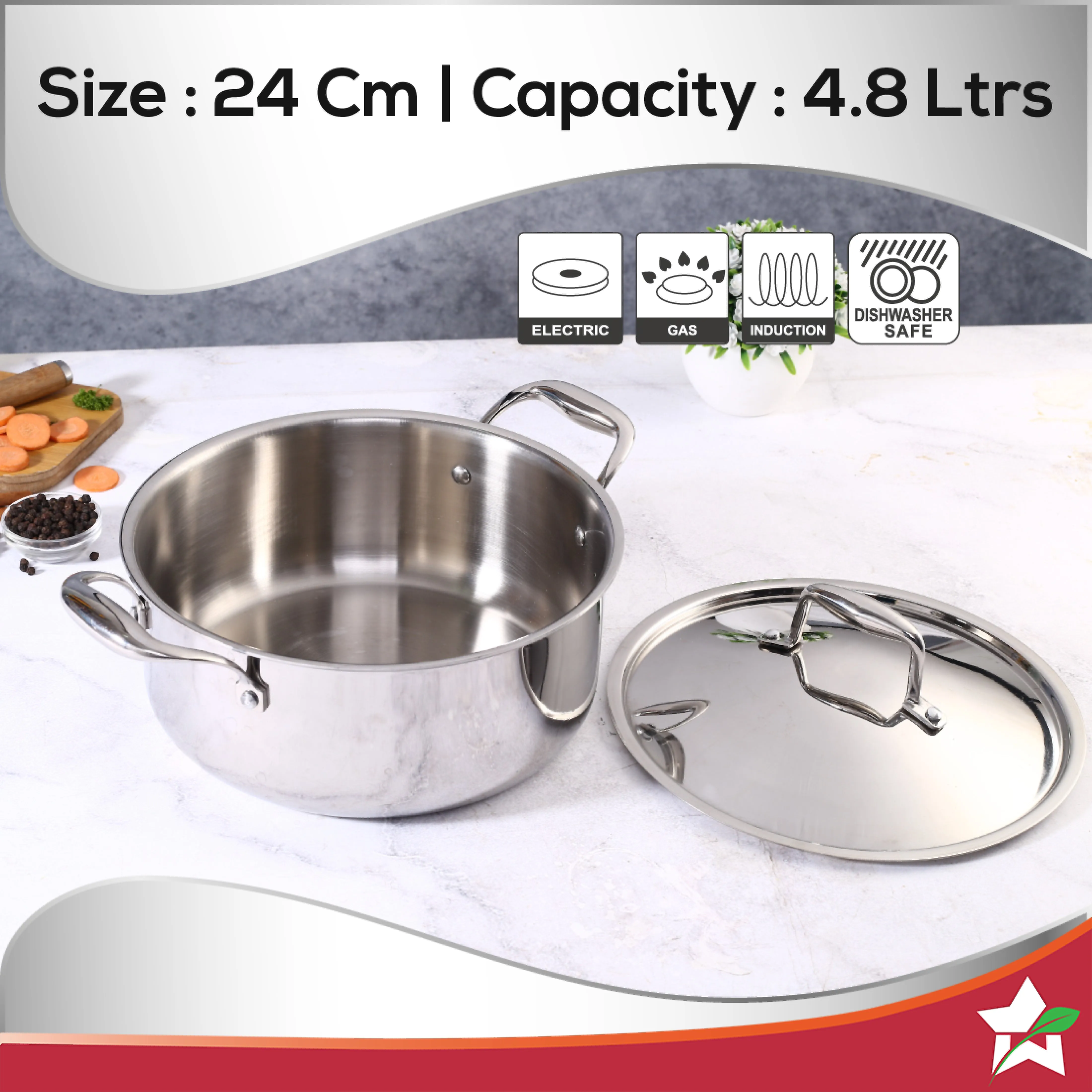 Nigella Tri-ply Stainless Steel 24 cm Casserole | 4.8 Litres | 2.6mm Thickness | Induction base | Compatible with all cooktops | Riveted Cool-Touch Handle | 10 Year Warranty