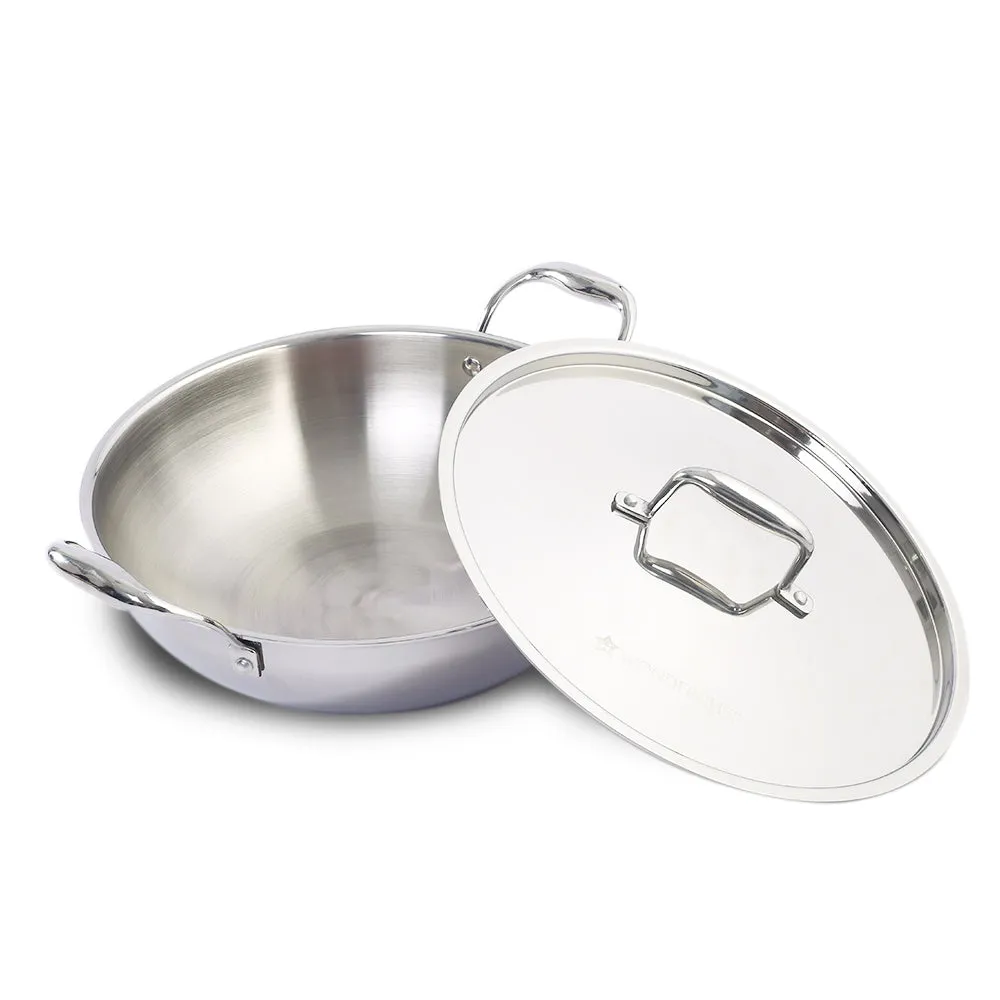 Nigella Tri-Ply Stainless Steel 28 cm Kadhai with Lid | 4.1 Litres | 2.6mm Thickness | Kadai with Induction base | Compatible with all cooktops | Riveted Cool-Touch Handle | 10 Year Warranty