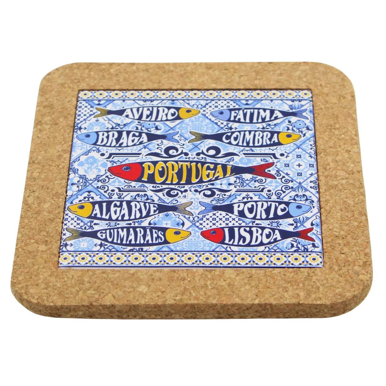 Portuguese Cork & Ceramic Tile Small Trivet with Sardine and City Names Design