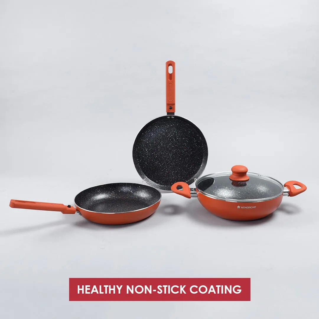 Power Non-Stick Cookware 4 pc Set | Kadhai with Glass Lid 2.6L, Dosa Tawa 25cm, Fry Pan 24cm | Induction Bottom | Soft Touch Handles | Pure Grade Aluminium | PFOA Free | 2 Year Warranty | Orange