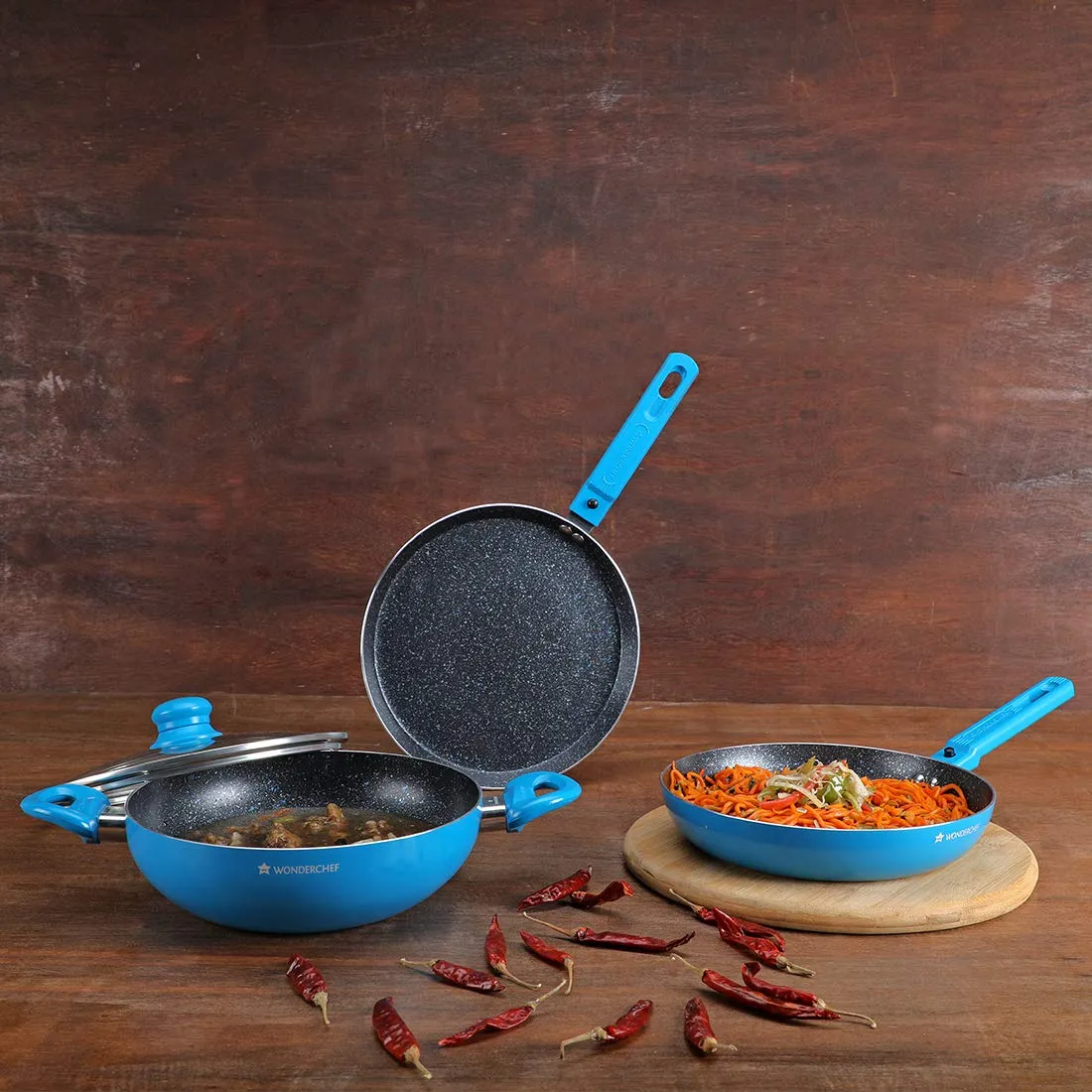 Power Non-Stick Cookware 4 Piece Set | Kadhai with Glass Lid 2.6L, Dosa Tawa 25cm, Fry Pan 24cm | Induction Friendly Bottom | Soft Touch Handles | Pure Grade Aluminium | PFOA Free | 2 Years Warranty | Blue