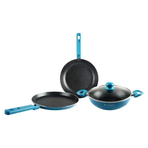 Power Non-Stick Cookware 4 Piece Set | Kadhai with Glass Lid 2.6L, Dosa Tawa 25cm, Fry Pan 24cm | Induction Friendly Bottom | Soft Touch Handles | Pure Grade Aluminium | PFOA Free | 2 Years Warranty | Blue