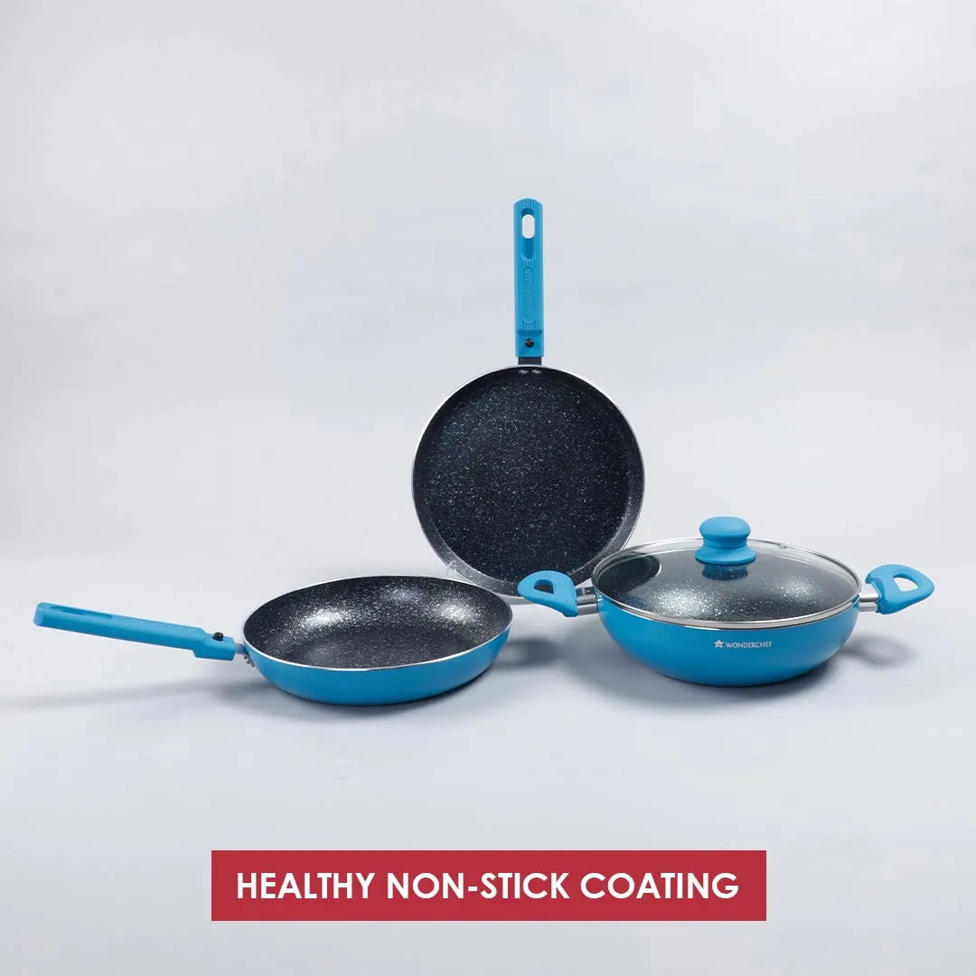 Power Non-Stick Cookware 4 Piece Set | Kadhai with Glass Lid 2.6L, Dosa Tawa 25cm, Fry Pan 24cm | Induction Friendly Bottom | Soft Touch Handles | Pure Grade Aluminium | PFOA Free | 2 Years Warranty | Blue