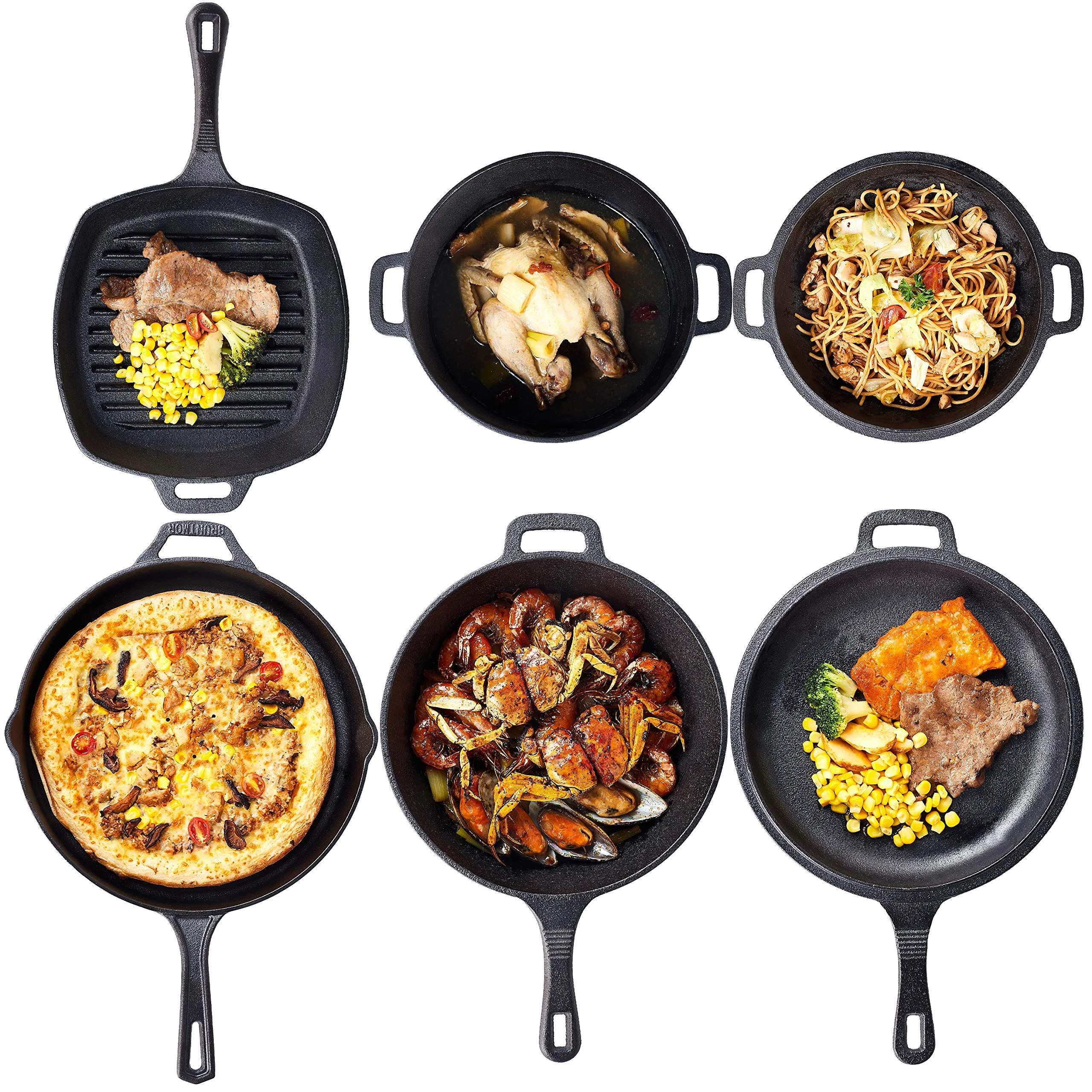 Pre Seasoned Cast Iron 6 Piece Bundle Gift Set, Double Dutch, Multi Cooker, Skillet & Pot