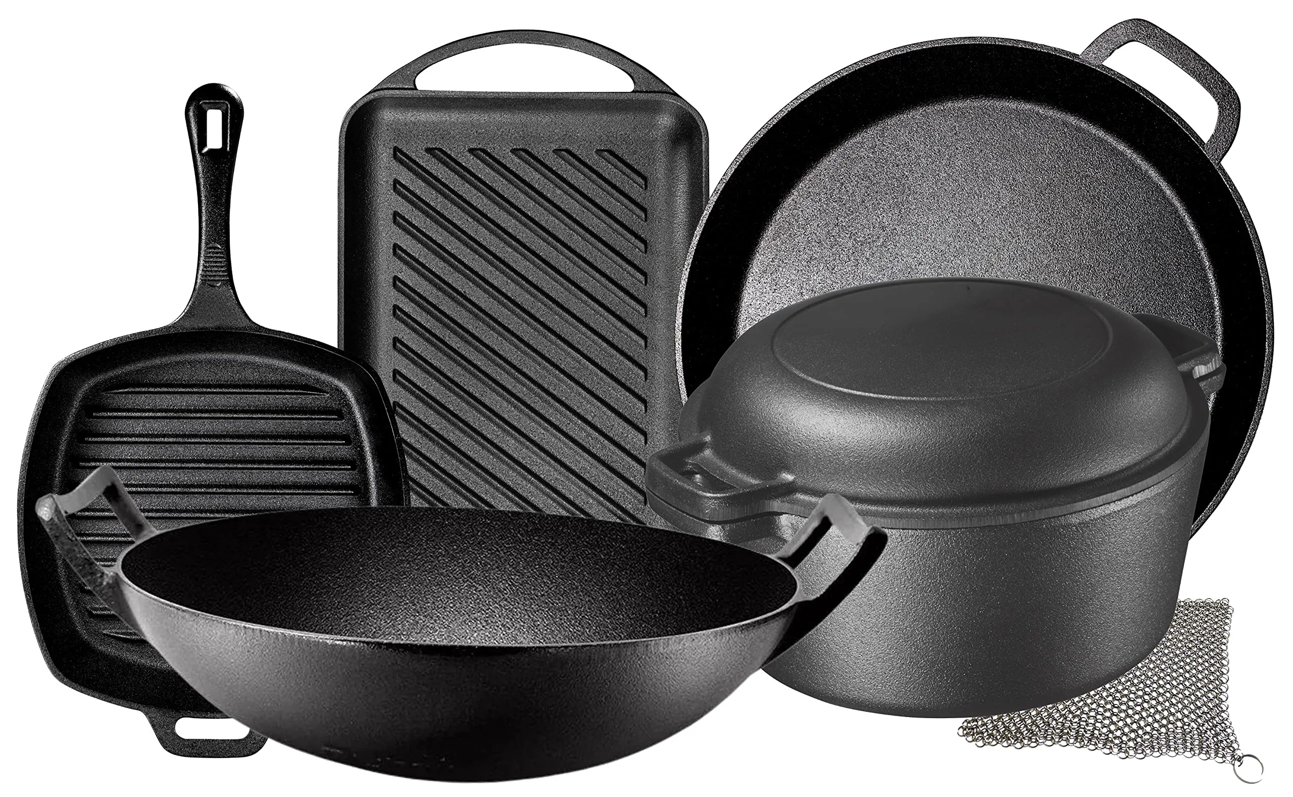 Pre Seasoned Cast Iron 7 Piece Bundle Gift Set, Double Dutch, Rectangular grill Pan, Wok