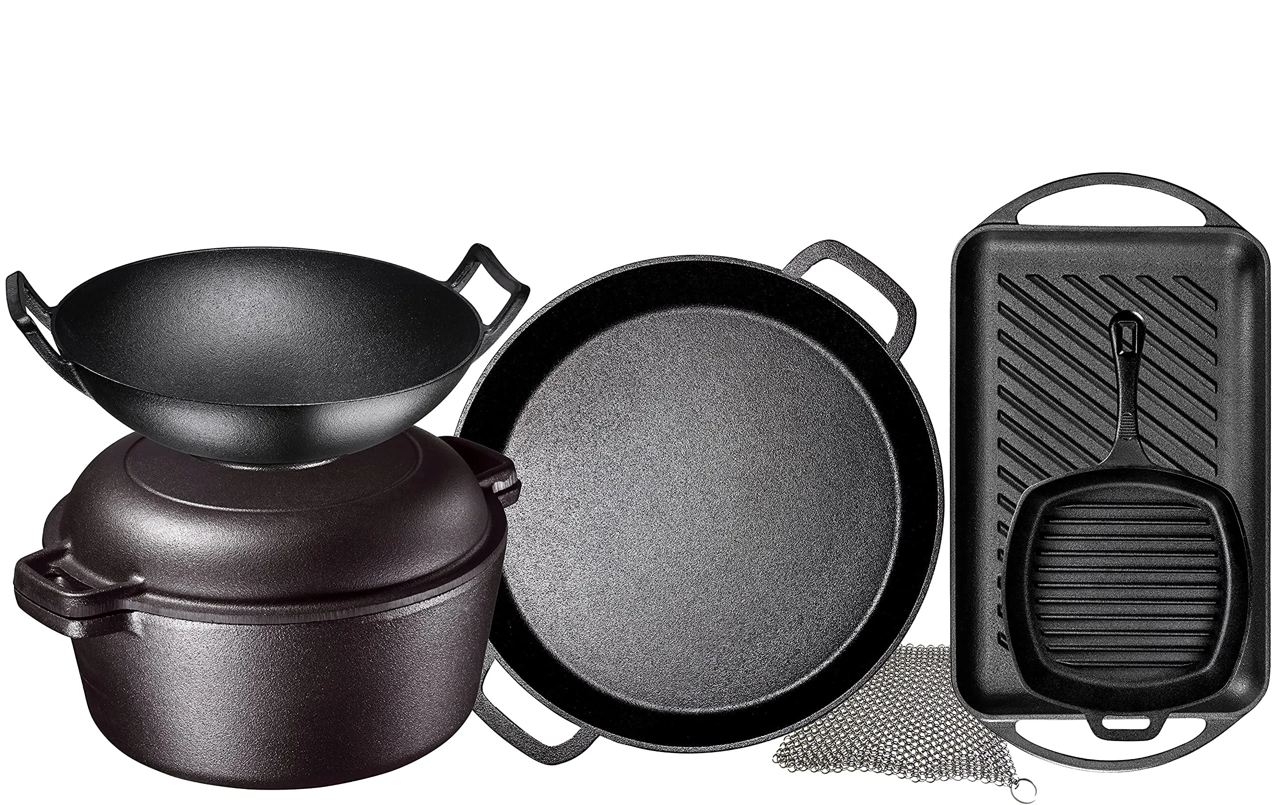 Pre Seasoned Cast Iron 7 Piece Bundle Gift Set, Double Dutch, Rectangular grill Pan, Wok