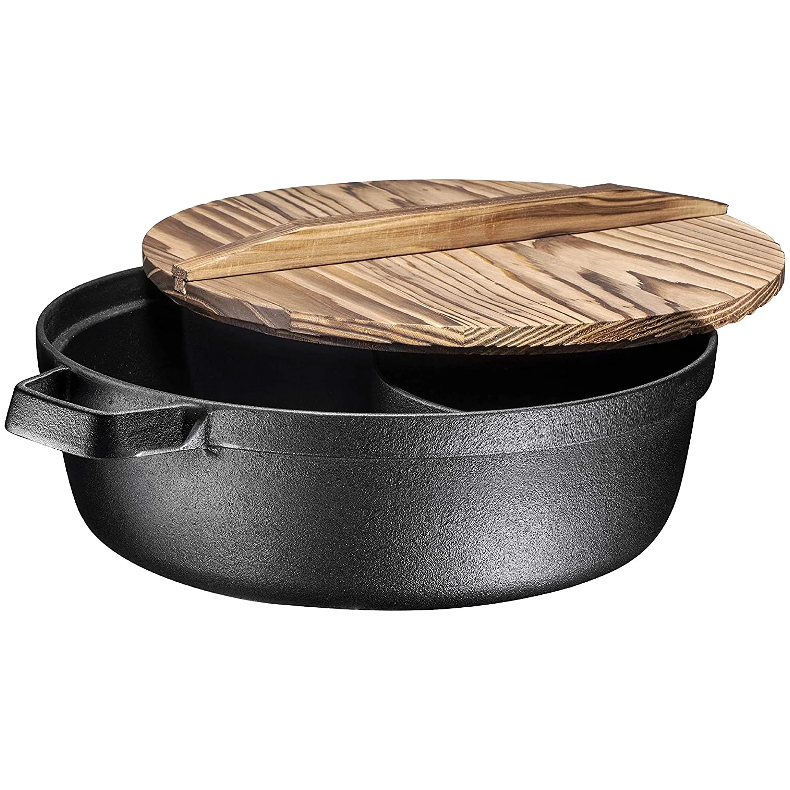 PreSeasoned 2-In-1 Cast Iron Shabu Shabu Hot Pot With Wooden Lid, Heavy Duty 5 Quart Dutc